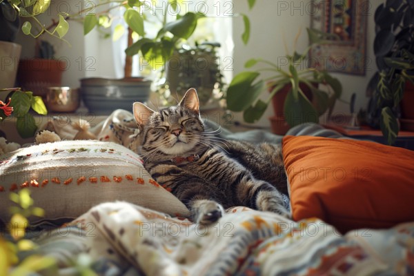 A content cat lying on a cozy, pillowed surface amongst numerous houseplants, AI generated
