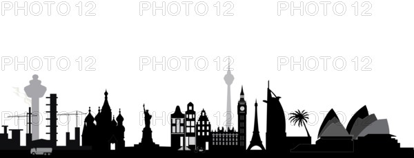 World skyline with architecture from around the globe as the big ben in london, the opera house