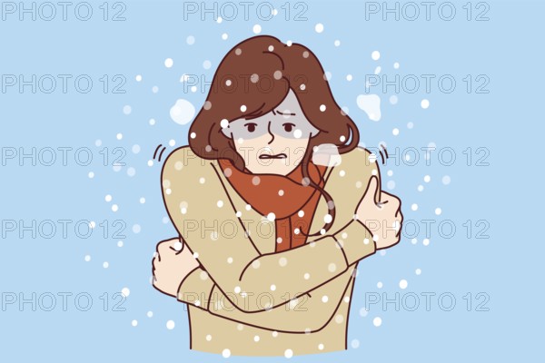 Woman freezes standing under snow in cold winter weather, dressed in sweater and needs warm down