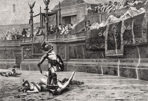 Gladiatorial Fights at the Colosseum, ancient Amphitheatre, Rome, Italy, Europe