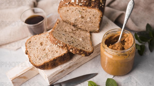 Close up peanut butter with homemade bread