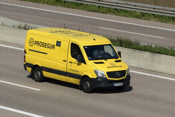 Prosegur money transporter drives on the A8 motorway, Germany, Europe