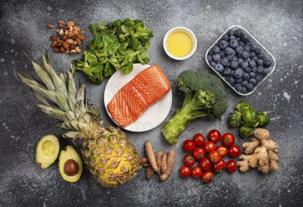 Anti inflammatory diet concept. Set of foods that help to reduce inflammation - plant based