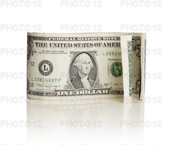 Old curly US dollar bills isolated on white with natural reflection