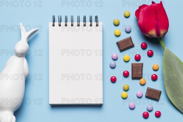 White easter statue spiral notepad tulip gem candies chocolate pieces blue background