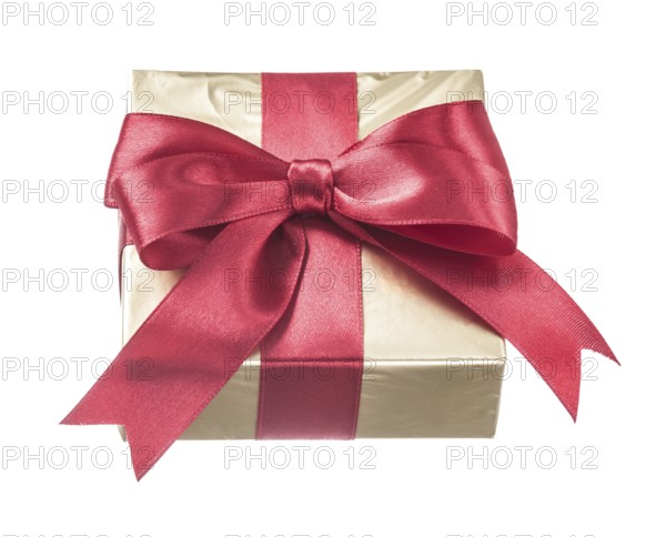 Gift wrapped in glitter paper with a red bow against a white background