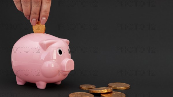 Person putting pink piggy bank coins