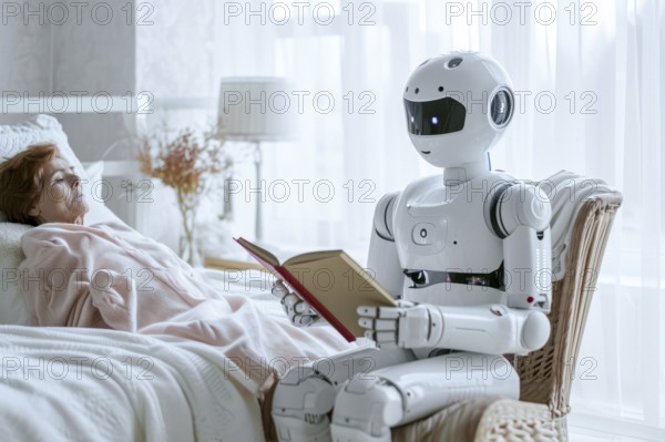 A friendly white care robot in an old people's home reads a book to an old woman, care for the