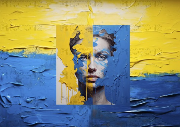 Symbol image, portrait of a young woman looking through Ukrainian national colours, AI generated