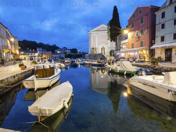 Blue hour in the harbour, Veli Losinj, Kvarner Gulf Bay, Losinj Island, Croatia, Europe