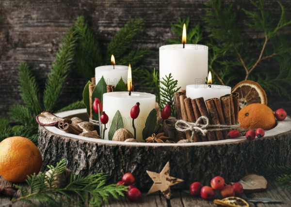Advent wreath with four white burning candles decorated with natural materials. Slices of freshly