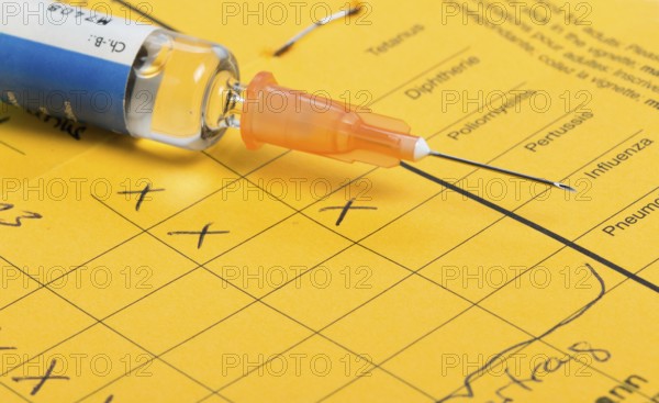 Syringe with vaccine on international vaccination certificate