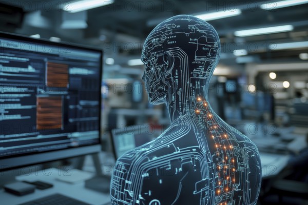 An android analyzing data on screens, showing glowing circuits in a high-tech environment, AI