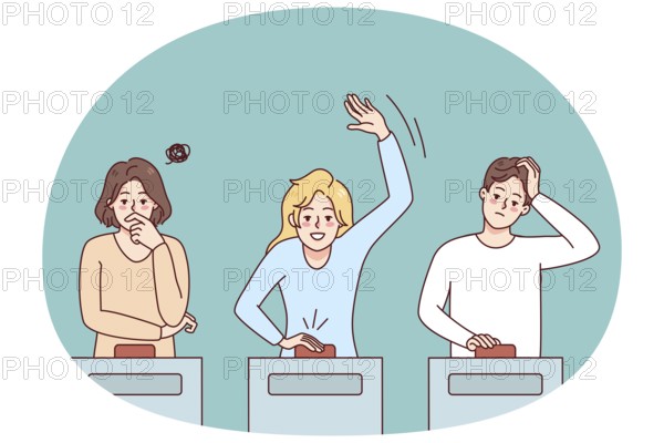 Diverse people participate in quiz show answering questions. Men and women take part in gambling