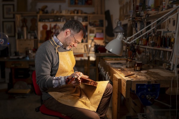 Luthier finishing a violin under controlled lighting, surrounded by woodworking tools in Cremona,