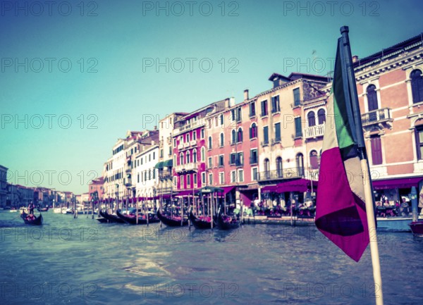 Vintage Postcard Style Photo Of The Grand Canal In Venice With Italian Flag