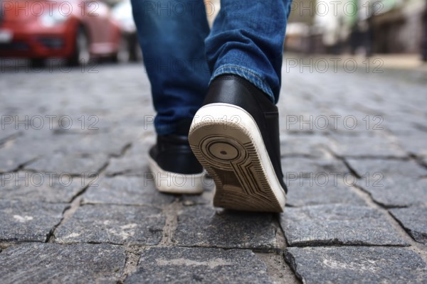 Legs view of a male walking on the road in the city. close up of black male shoes