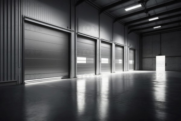 Factory, warehouse, or hangar use roller doors or roller shutters. Polished concrete flooring and