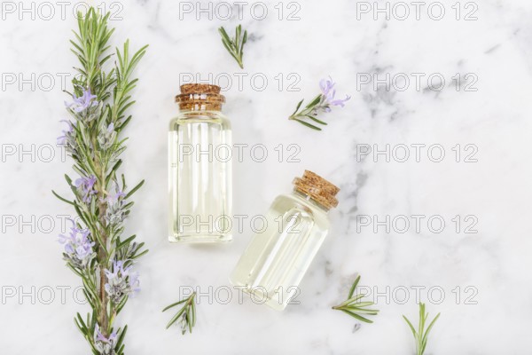 Rosemary essential oil in glass bottle and twigs on marble table. Salvia Rosmarinus oil. Top view