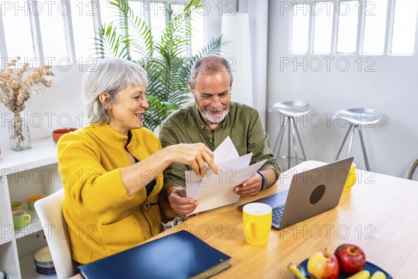 Senior couple working together on their home budget using laptop and holding papers