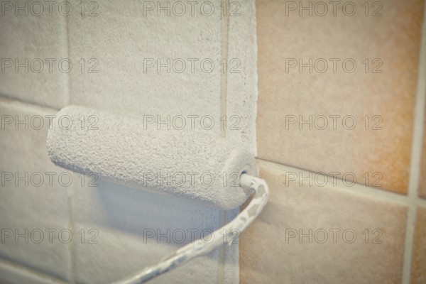 Painting old tiles in the kitchen or bathroom white with a small roller and two component paint.