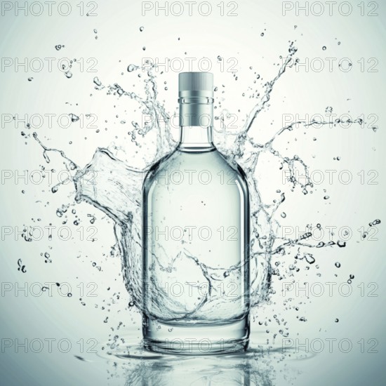 Simple glass bottle with clear water splashing in a calm, minimalist setting, AI generated