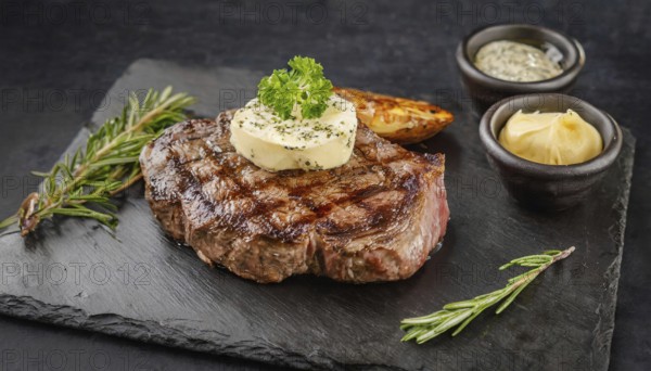 KI generated, A steak with herb butter served on a slate