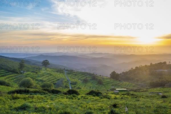 Sunset view in a valley with terraced fields around mount Foia on Monchique, Portugal, Europe