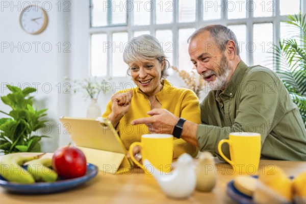 Happy caucasian senior couple shopping online using tablet at home