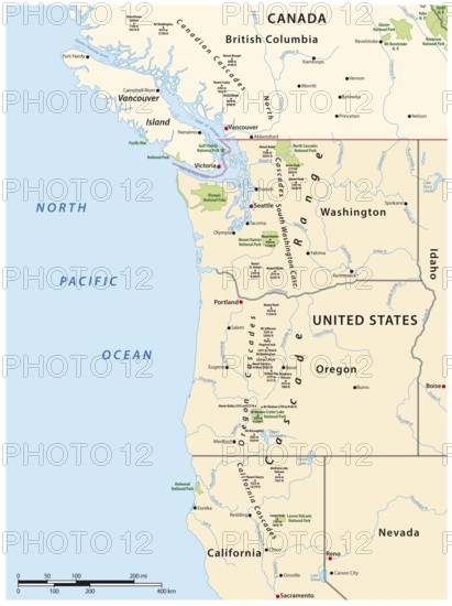 Map of the Cascade Range, volcanic mountain range that runs parallel to the west coast of North
