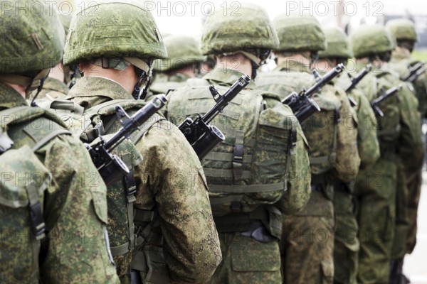 Army parade, military force uniform soldier row march