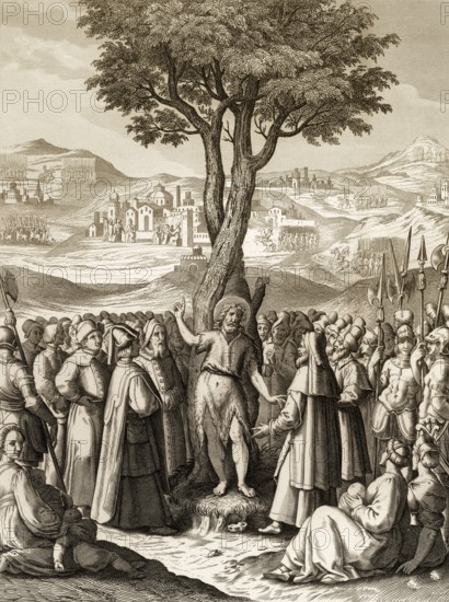 John the Baptist tells people about Jesus at the Jordan, Steel engraving 1853, digitally restored