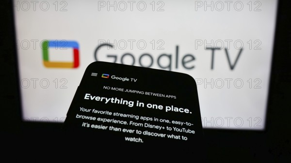 Stuttgart, Germany, 09-23-2023: Mobile phone with website of video on demand service Google TV on