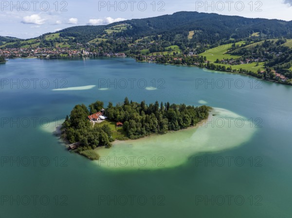 Aerial view, the island of Wörth im Schliersee, Schliersee, Upper Bavaria, Bavaria, Germany, Europe