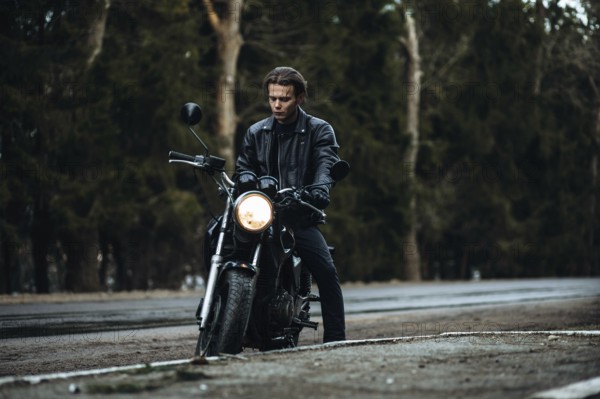 Stylish male motorcyclist in a leather jacket with a classic motorcycle on a forest asphalt road