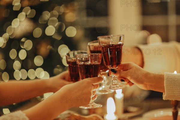 Family friends have fun together in winter eating food on a wooden table. Concept of friendship.