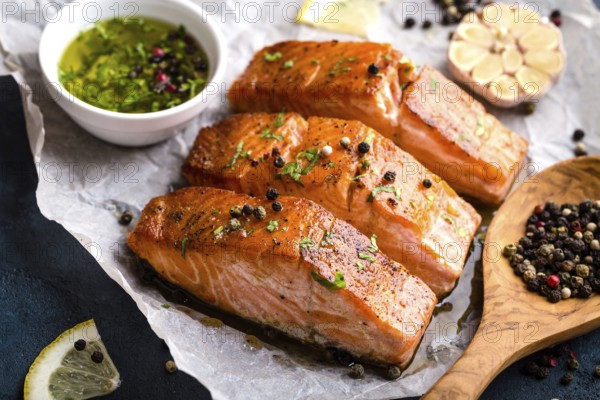 Delicious fried salmon fillet, seasonings on blue rustic concrete table. Cooked salmon steak with