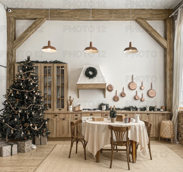 Modern, light, festive, cozy kitchen interior with Christmas and New Year decorations, kitchen