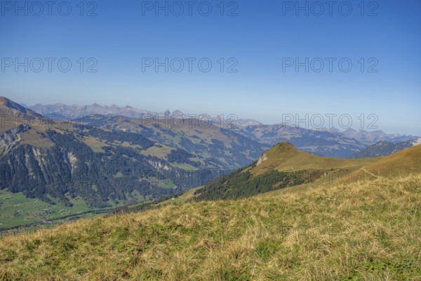Landscape photograph of mountains and valleys in the Alps on a clear, sunny day, saas fee,