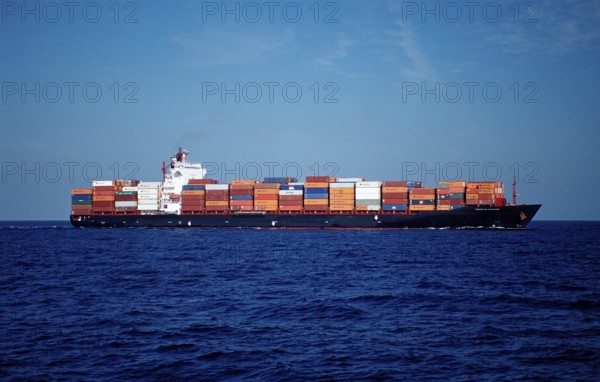 Loaded container ship, USA, California, Pacific Ocean, North America