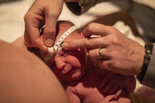 A close up shot with shallow depth of field as a midwife obstetric nurse uses measuring tape. to