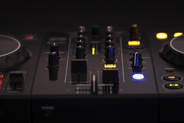 A black DJ mixer with various buttons and knobs, illuminated against a dark background, creating a