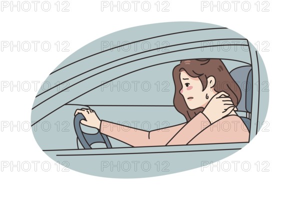 Unhealthy woman driving suffering from neck spasm from sedentary position. Unwell tired female