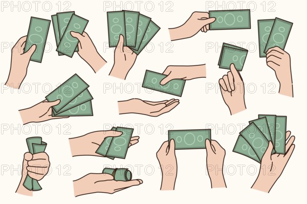 Set of people hands hold money banknotes. Collection of person with bills or cash. Bank credit and