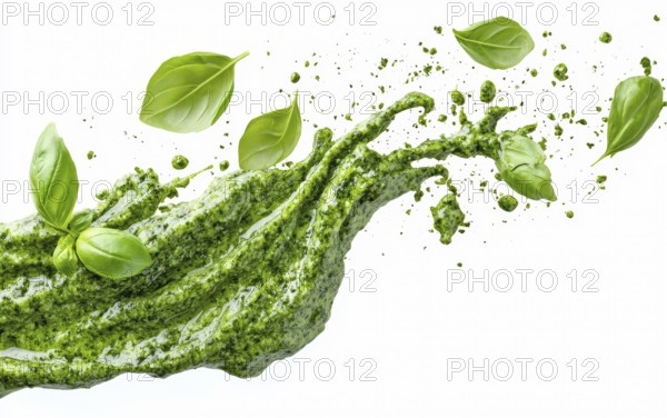 Green pesto with basil leaves creating a splash effect on a white background, emphasizing freshness