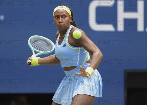 Tennis player Coco Gauff in action at the US Open 2024 Championships, Billie Jean King Tennis