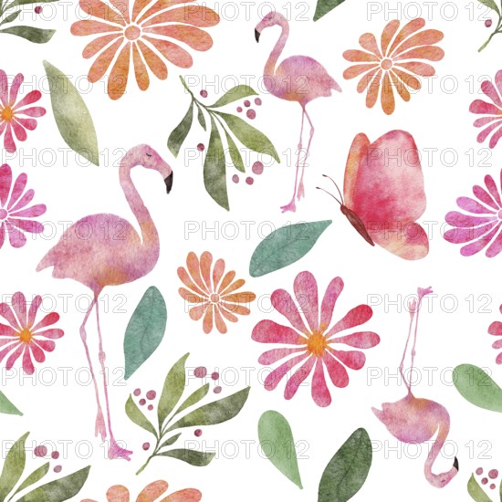 Seamless watercolor pattern illustration with butterflies, flamingos, flowers and leaves on white