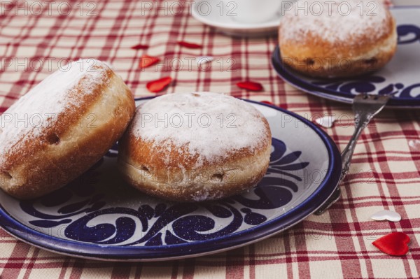 Doughnuts on a plate. The doughnuts are covered with a layer of icing sugar