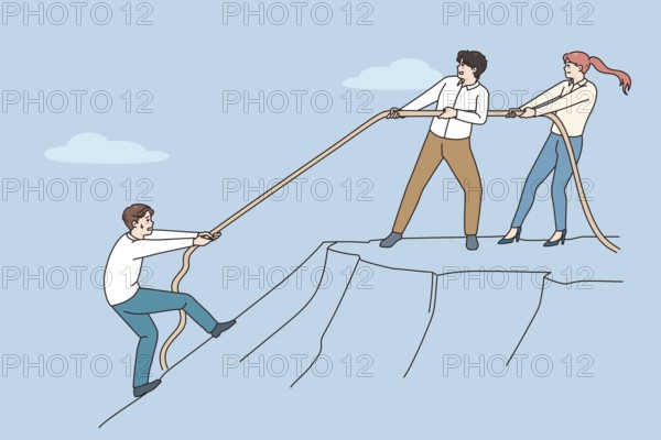 Diverse employees throw rope help colleague climb up hill. Coworkers help person showing support