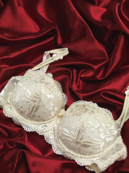 White lacy bra on red shiny silky fabric